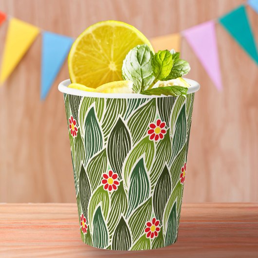 Cute Groovy Hippie Red Green Daisy Floral Pattern Papieren Bekers