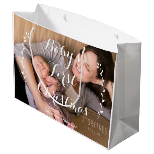 Cute grote baby's eerste kerstcadeautas large cadeautasje (Achterkant Gekanteld)