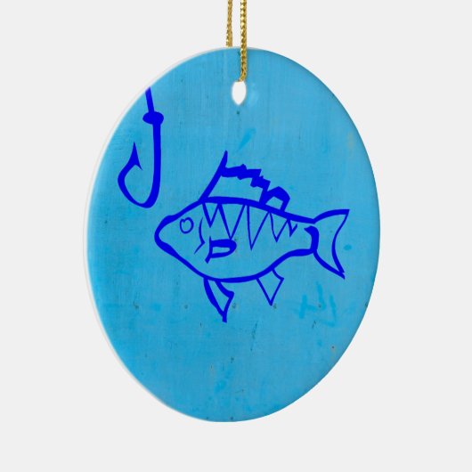 Cute Grunge blue fish and Fishhaak Keramisch Ornament (Rechts)