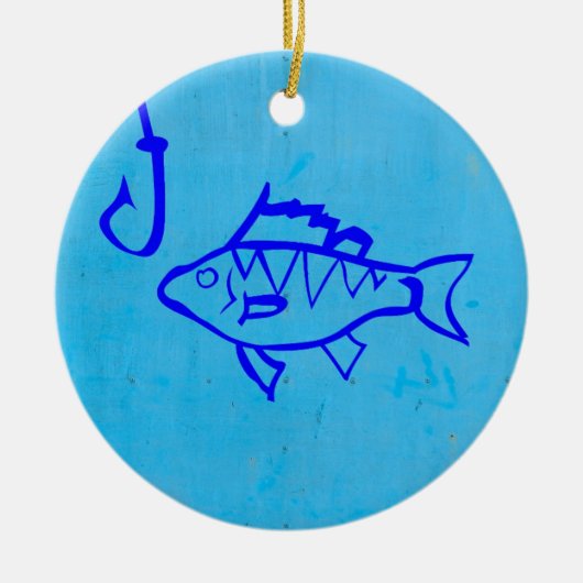 Cute Grunge blue fish and Fishhaak Keramisch Ornament (Voorkant)