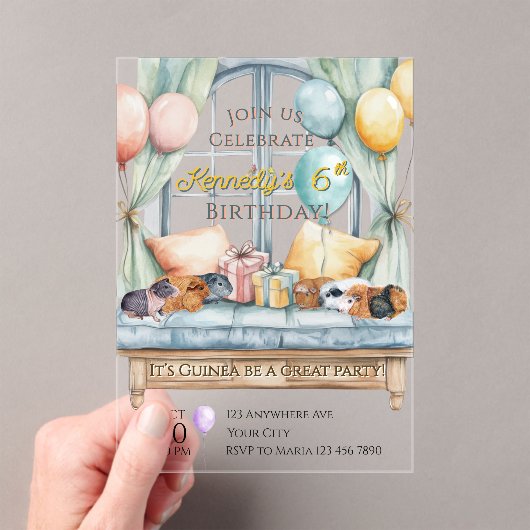 Cute Guinea Pig Acrylic Birthday Party Invitation Acryl Uitnodigingen (Insitu (Draagbaar))