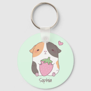 Cute Guinea Pig Hugs Strawberry, gepersonaliseerd Sleutelhanger