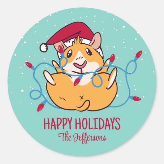 Cute Guinea Pig Kerstmis Snowy Winter Holiday Ronde Sticker (Voorkant)