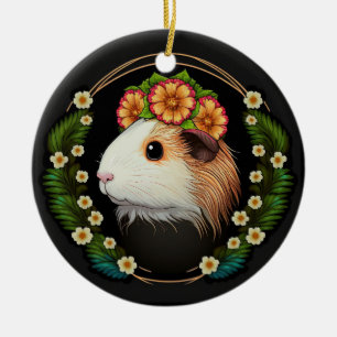 Cute guinea pig met een kroon van primrozen keramisch ornament
