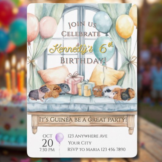 Cute Guinea Pig Watercolor Birthday Party Kaart