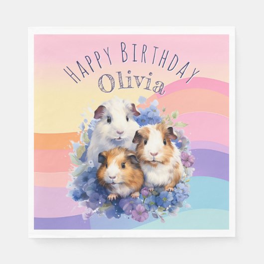 Cute Guinea Pigs Pet Animals Happy Birthday Servet (Voorkant)