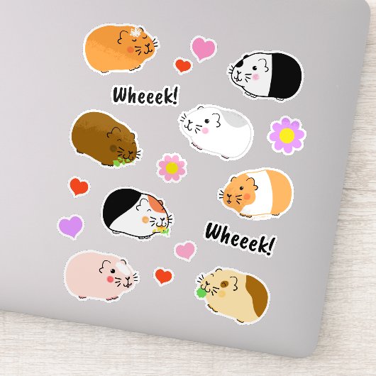 Cute Guinea Pigs with Hearts and Flowers Sticker (Detail)