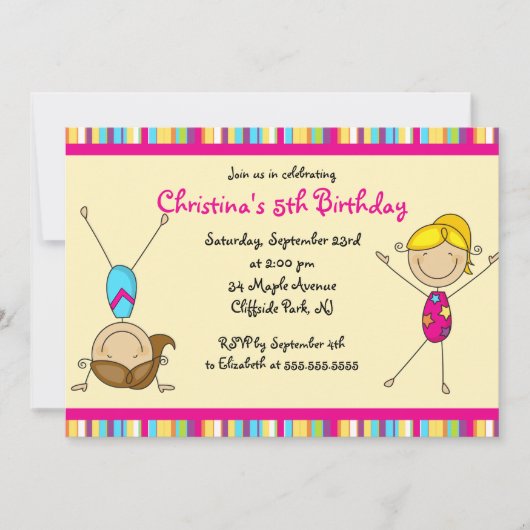 Cute Gymnastic Birthday Party Invitations Kaart (Voorkant)