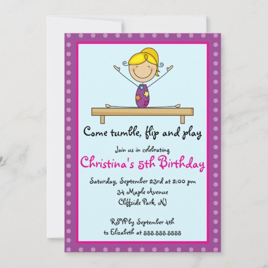 Cute Gymnastic Birthday Party Invitations Kaart (Voorkant)