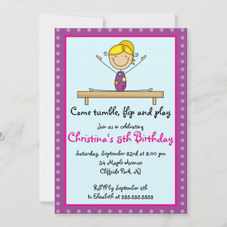 Cute Gymnastic Birthday Party Invitations Kaart