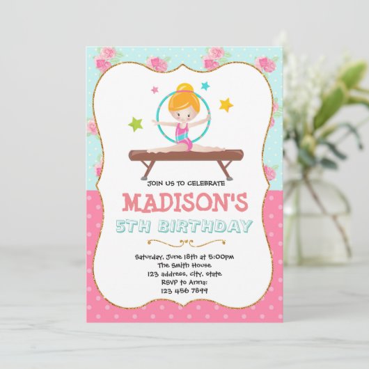 Cute Gymnastic verjaardaguitnodiging Kaart (Staand voorkant)