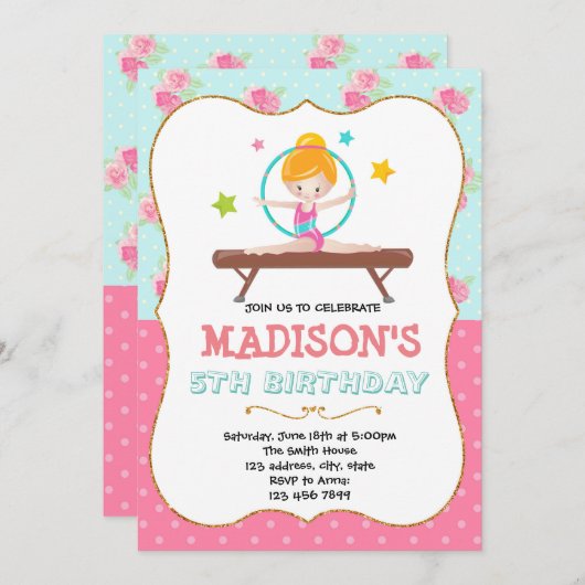 Cute Gymnastic verjaardaguitnodiging Kaart (Voorkant / Achterkant)