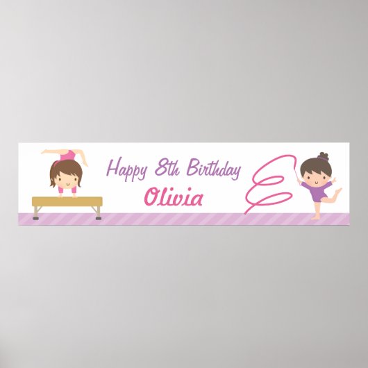 Cute Gymnastics Girls Birthday Party Banner Poster (Voorkant)