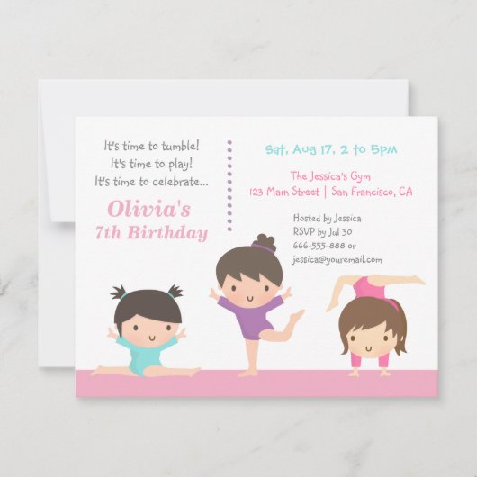 Cute Gymnastics Girls Birthday Party Invitations Kaart (Voorkant)