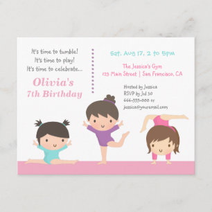 Cute Gymnastics Girls Birthday Party Invitations Kaart