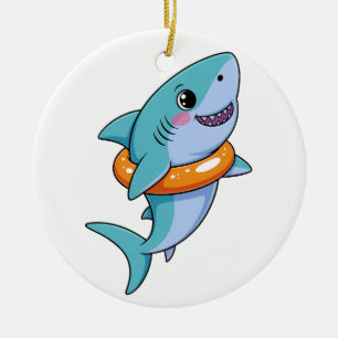 Cute Haai Baby Met Vlot   Kinderen Keramisch Ornament