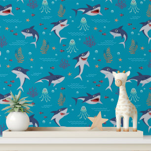 Cute Haaien Kwallen Zeewezens Kinderen Patroon Behang