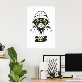 Cute Hacker Kat Illustratie – Cybersecurity cadeau Poster