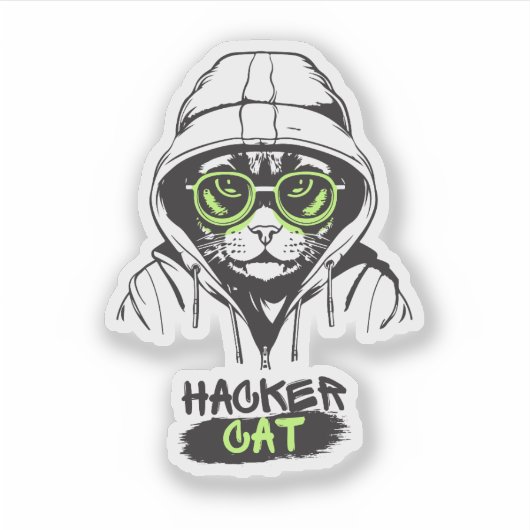 Cute Hacker Kat Illustratie – Cybersecurity cadeau Sticker (Voorkant)