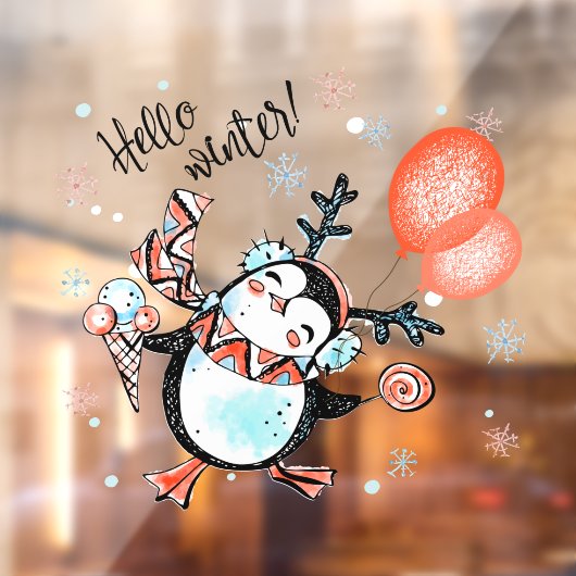 Cute Hallo Winter Happy Penguin Reindeer Antlers Raamsticker (Vel 2)