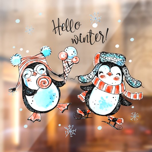 Cute Hallo Winter Happy Penguin's Shop Raamsticker (Vel 2)