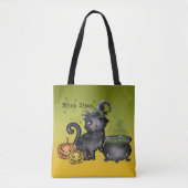 CUTE HALLOEEN BLACK KITTEN MET CAULDRON TOTE BAG (Voorkant)