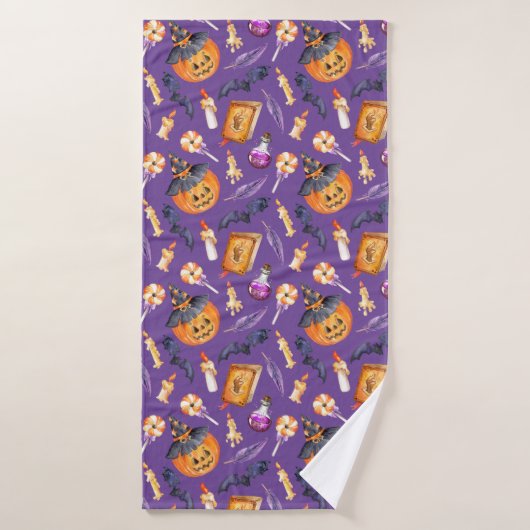 Cute Halloween afbeelding met pompoen en vleermuiz Badhanddoek (Badhanddoek)