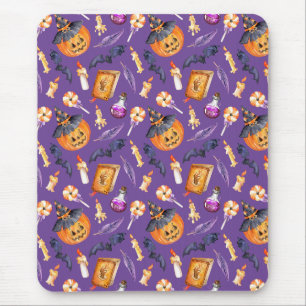 Cute Halloween afbeelding met pompoen en vleermuiz Muismat