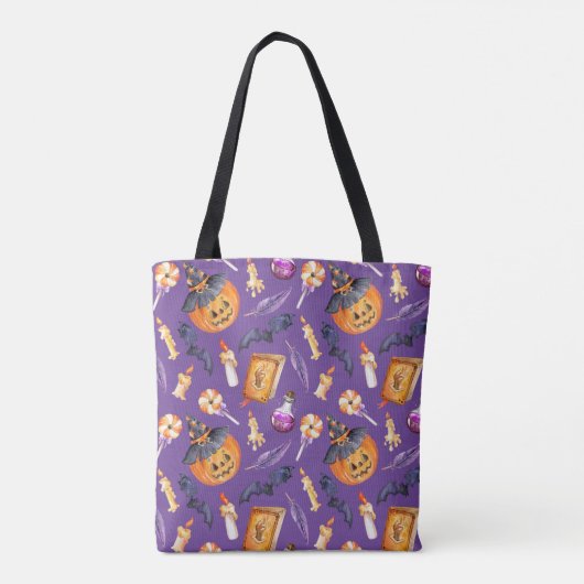 Cute Halloween afbeelding met pompoen en vleermuiz Tote Bag (Achterkant)