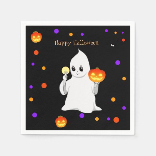 Cute Halloween Baby Ghost & Pumpkins on Black Servet (Voorkant)