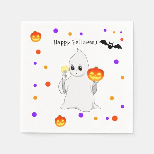 Cute Halloween Baby Ghost & Pumpkins on White Servet (Voorkant)
