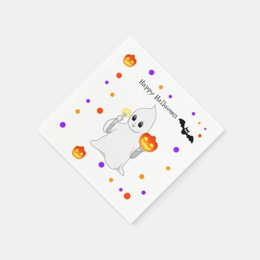 Cute Halloween Baby Ghost & Pumpkins on White Servet (Hoek)