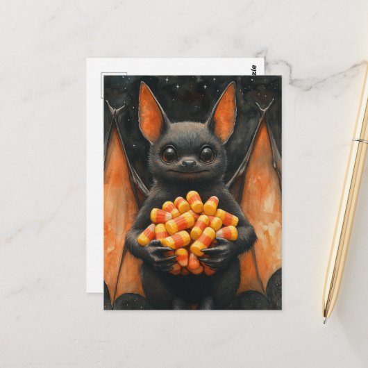 Cute Halloween Bat Cat With Candy Briefkaart (Voorkant / Achterkant in situ)
