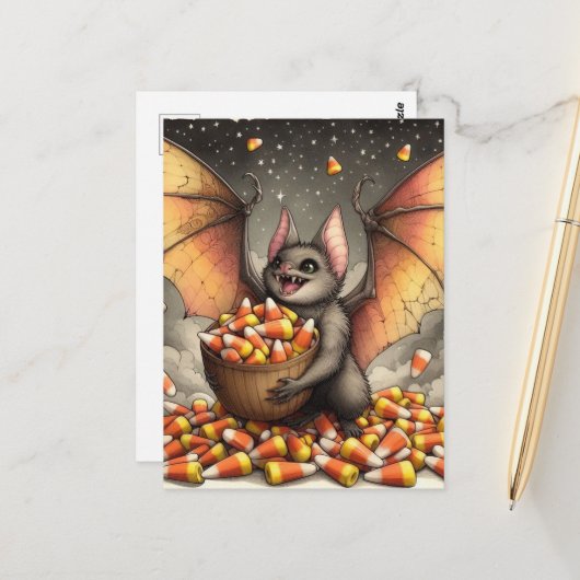 Cute Halloween Bat With Candy Briefkaart (Voorkant / Achterkant in situ)