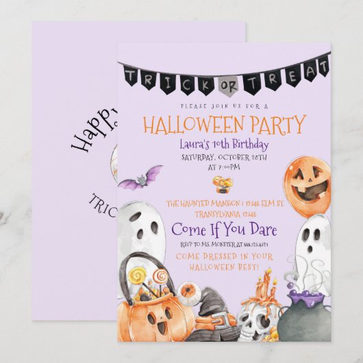 Cute Halloween Birthday Invitation Kaart (Voorkant / Achterkant)