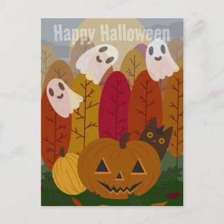 Cute Halloween Black Cat and Ghosts Autumn Pumpkin Briefkaart