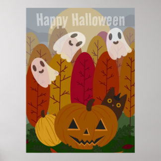 Cute Halloween Black Cat and Ghosts Autumn Pumpkin Poster