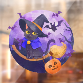 Cute Halloween Black Cat Bats and Witches Broom Raamsticker