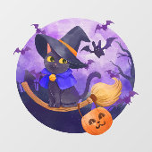 Cute Halloween Black Cat Bats and Witches Broom Raamsticker (Vel)