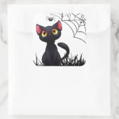 Cute Halloween Black Cat die naar spin kijkt Vierkante Sticker (Tas)