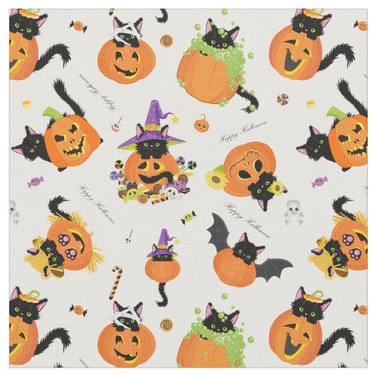 Cute Halloween Black Cat Pumpkin Stof (Close Up)