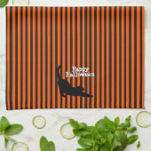 Cute Halloween Black Cat Stretching Oranje Stripes Theedoek (Gevouwen)