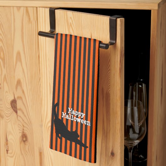 Cute Halloween Black Cat Stretching Oranje Stripes Theedoek (Derde Gevouwen)