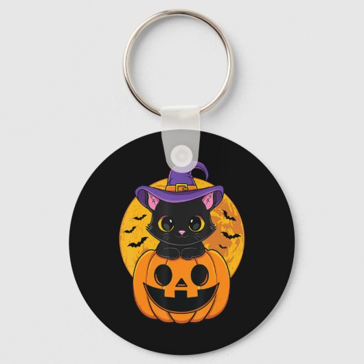 Cute Halloween Black Cat Witch Hat Pumpkin For Kid Sleutelhanger (Voorkant)