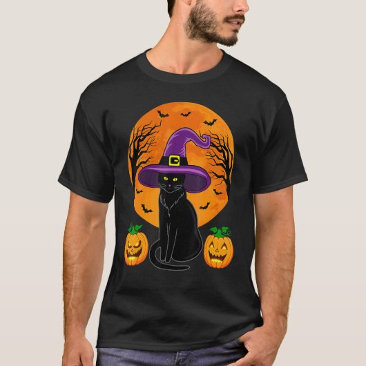 Cute Halloween Black Cat Witch Hat Pumpkin For Kid T-shirt (Voorkant)
