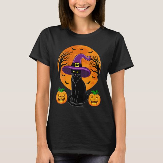 Cute Halloween Black Cat Witch Hat Pumpkin For Kid T-shirt (Voorkant)