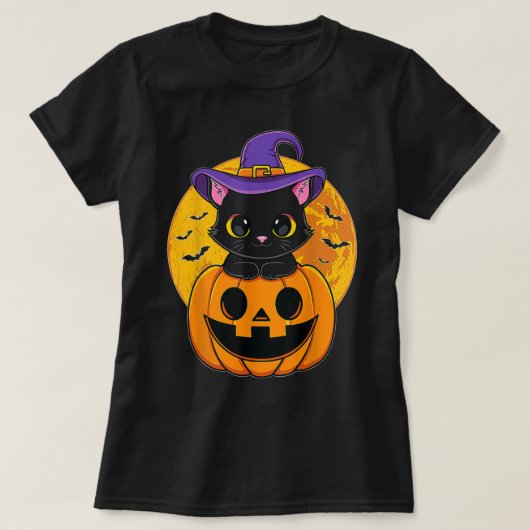 Cute Halloween Black Cat Witch Pet Pumpkin voor Ki T-shirt (Design voorkant)