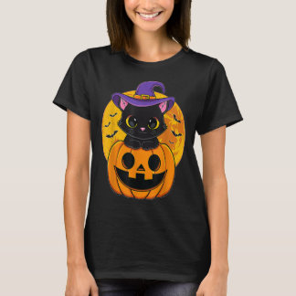 Cute Halloween Black Cat Witch Pet Pumpkin voor Ki T-shirt