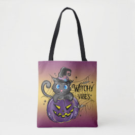 CUTE HALLOWEEN BLACK CAT WITCH PUMPKIN TOTE BAG