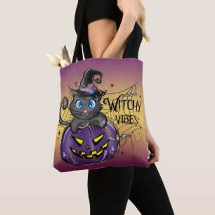 CUTE HALLOWEEN BLACK CAT WITCH PUMPKIN TOTE BAG